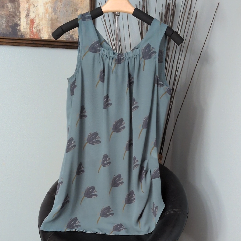 CAbi Teal and Gray Floral Tank Top